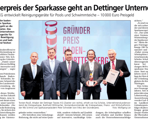 Artikel im Teckbote über TOSSTEC zum Gewinn des Gründerpreis Baden-Württemberg 2015